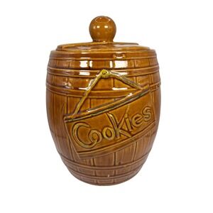 Vintage McCoy Pottery 1950s Brown Barrel Cookies Jar with Lid Mid Century Modern